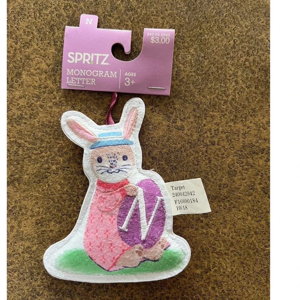 Spritz Monogram Letter N Easter Bunny Ornament Pink Purple Brand New Tag